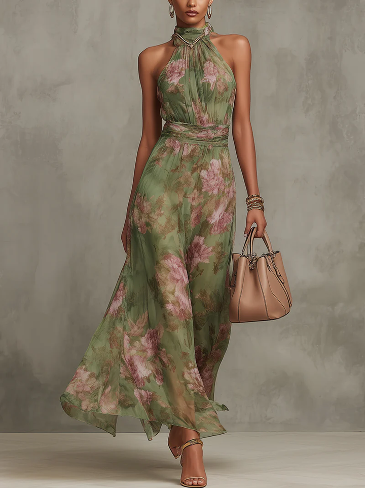 Damen Leinenkleid mit Blumenprint für den Sommer in Grüner Blumenprint 1