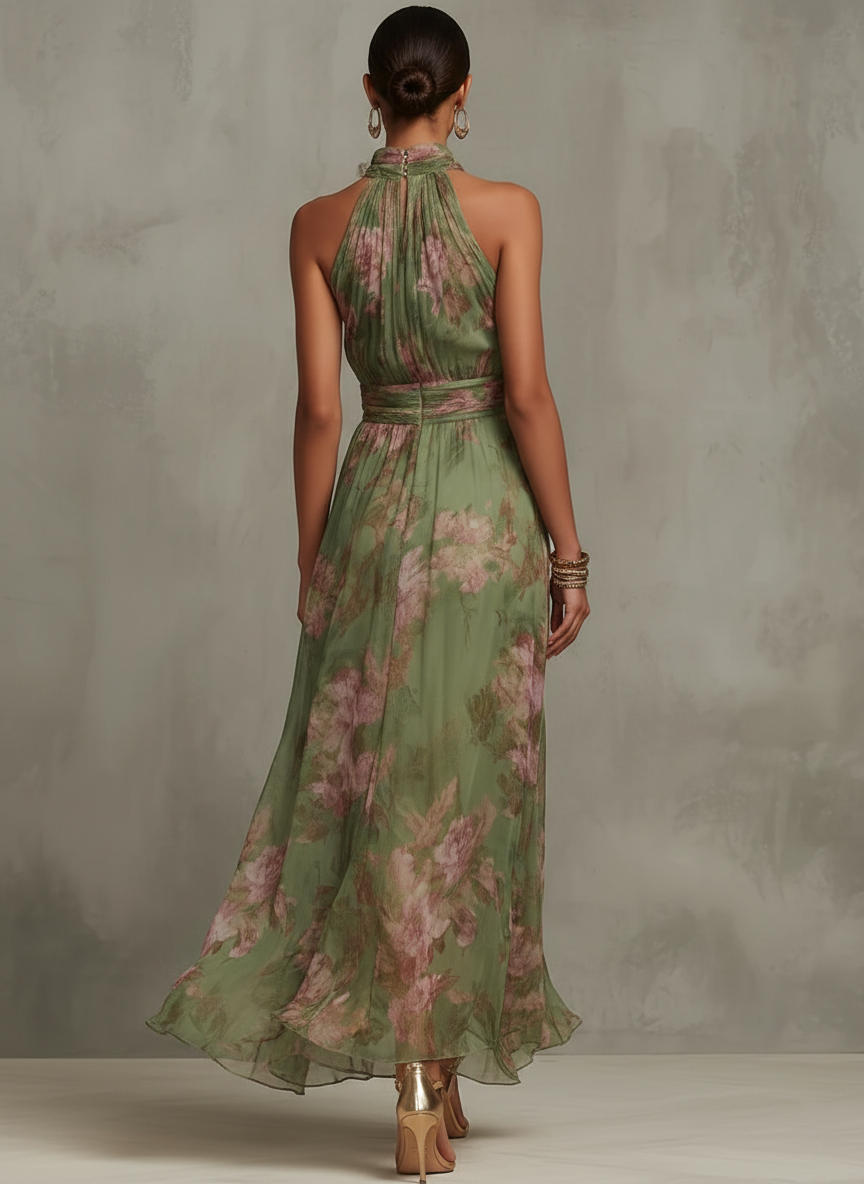 Damen Leinenkleid mit Blumenprint für den Sommer in Grüner Blumenprint 2