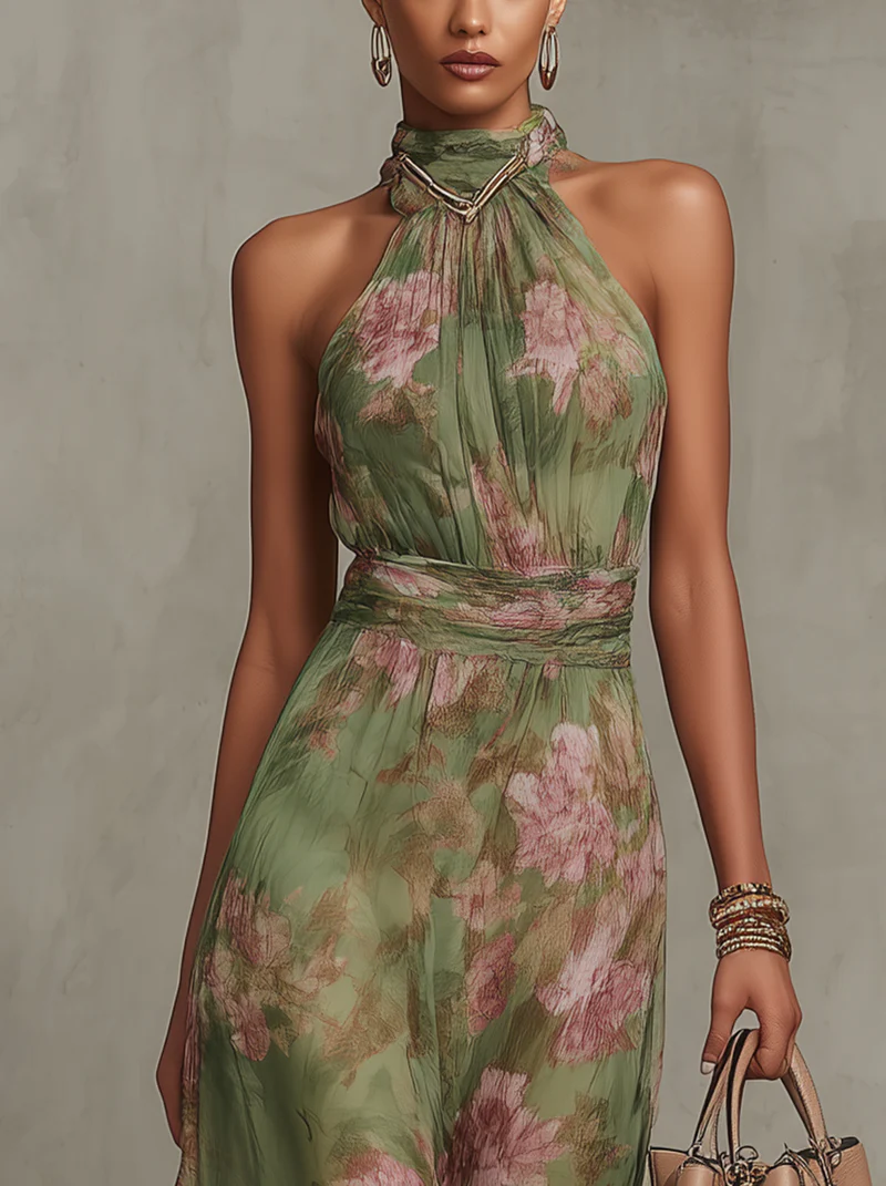 Damen Leinenkleid mit Blumenprint für den Sommer in Grüner Blumenprint 3