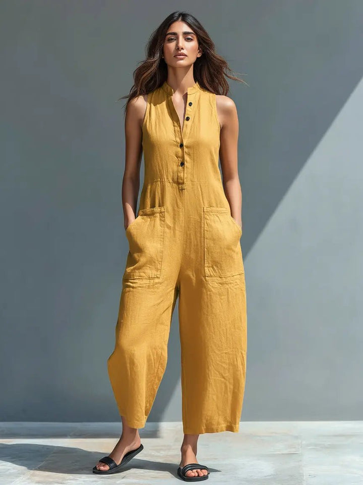 Damen Linen Jumpsuit im Entspannt-Eleganten Stil in Gelb