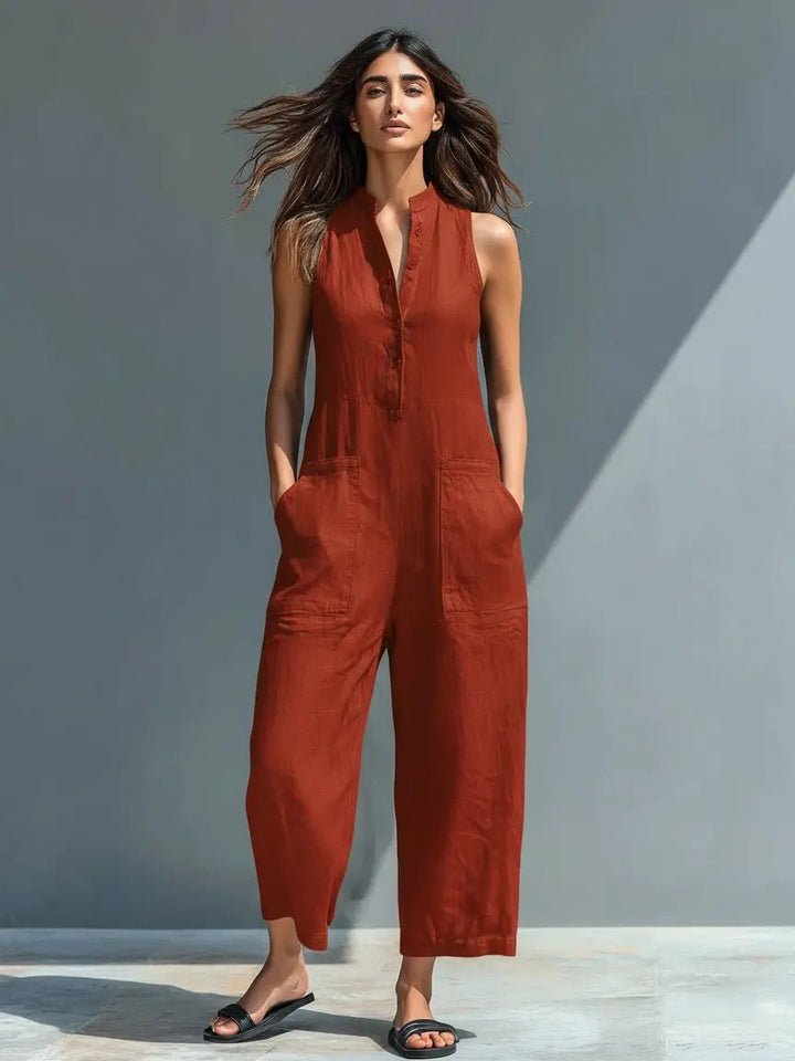 Damen Linen Jumpsuit im Entspannt-Eleganten Stil in Rostrot