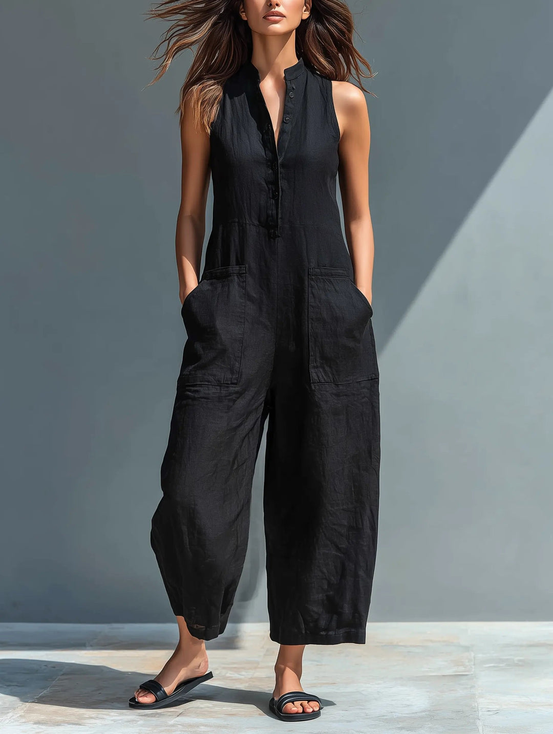 Damen Linen Jumpsuit im Entspannt-Eleganten Stil in Schwarz