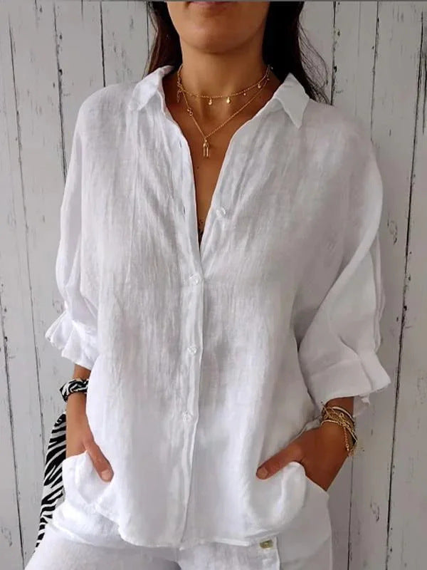 Damen lockere Leinenbluse für den Sommer in Weiß