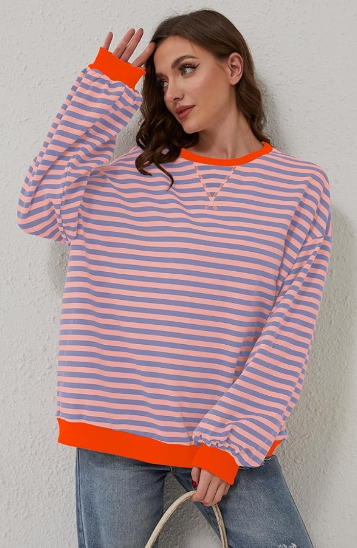 Damen Lockerer Streifenpullover für den Frühling in Orange und Blau