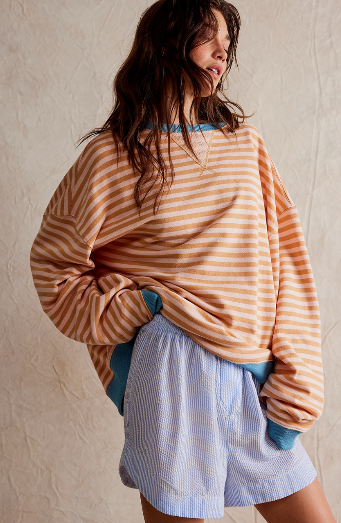 Damen Lockerer Streifenpullover für den Frühling in Orangefarbene Streifen
