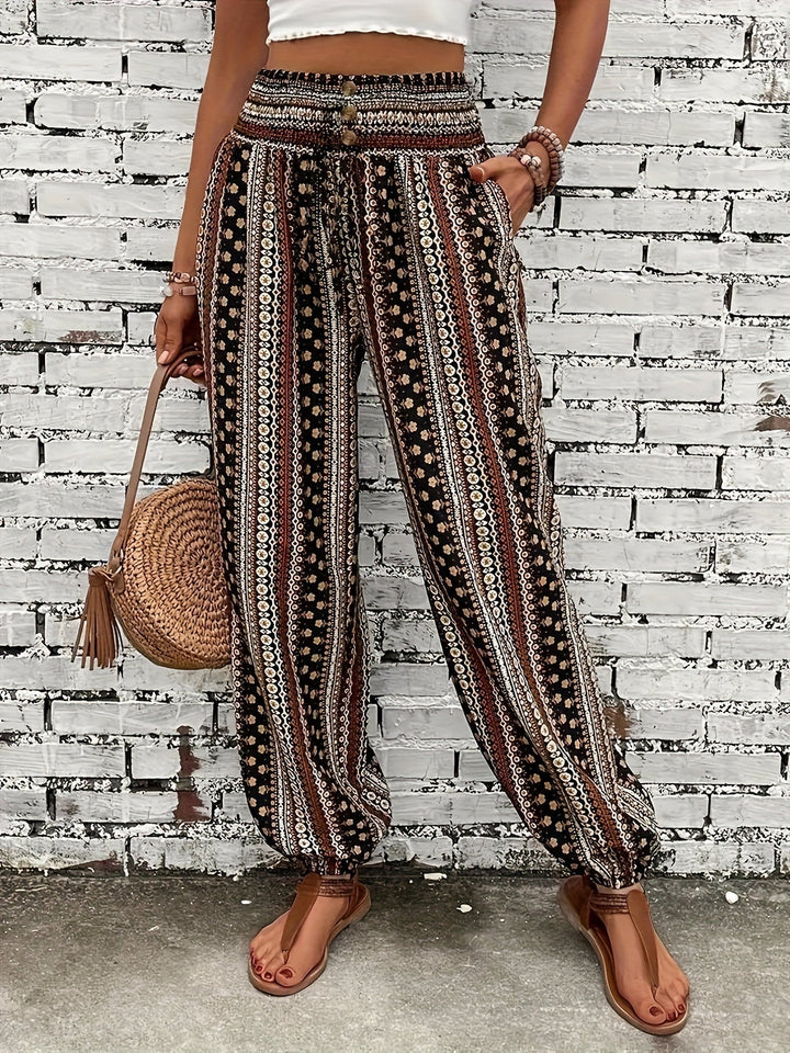 Damen Luftige Gemusterte Boho-Hosen in Dunkelbraun