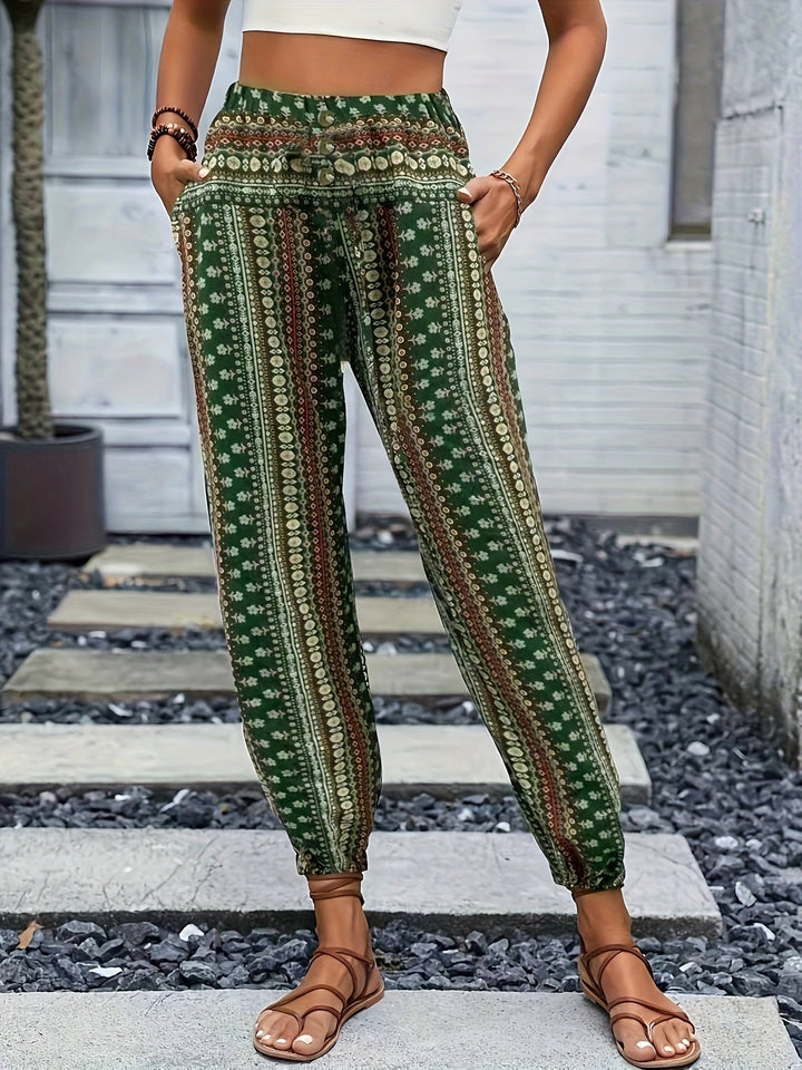 Damen Luftige Gemusterte Boho-Hosen in Grün