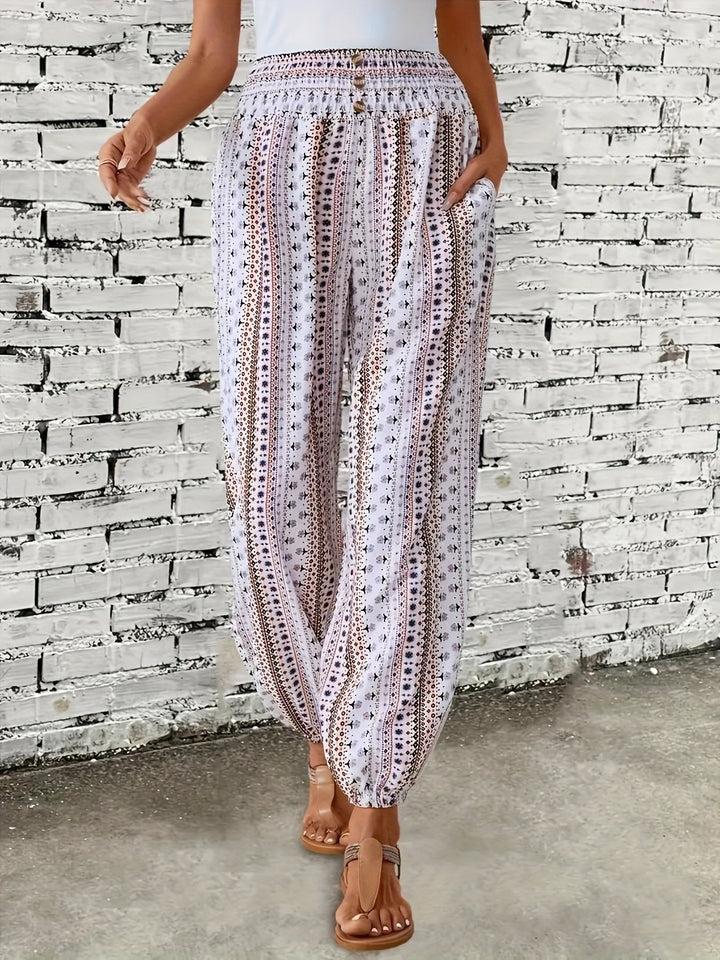 Damen Luftige Gemusterte Boho-Hosen in Weiß