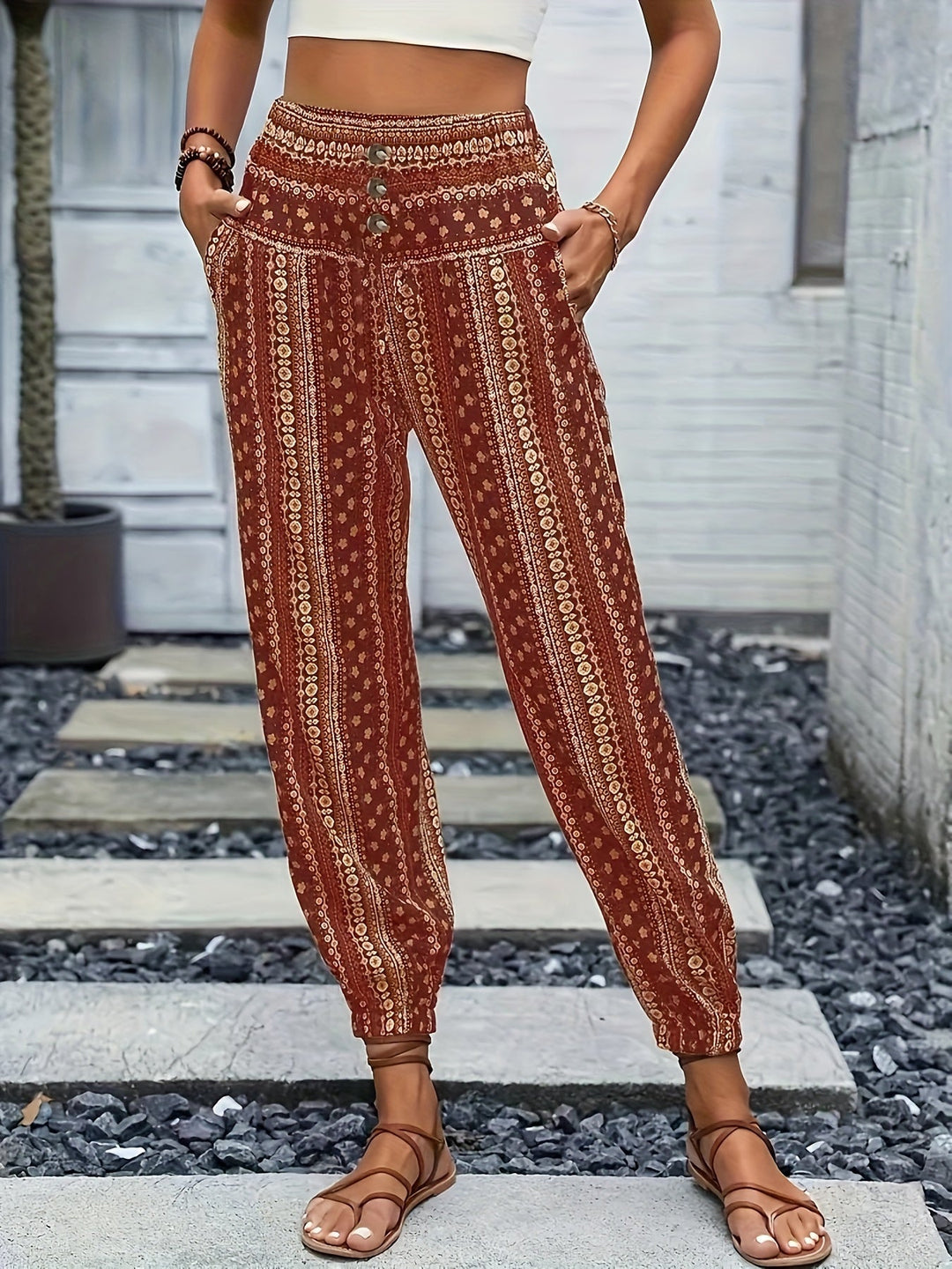 Damen Luftige Gemusterte Boho-Hosen in Ziegelrot