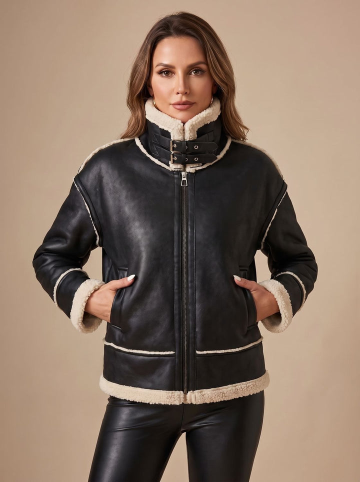 Damen Mantel im Aviator-Stil aus Kunstleder in Schwarz 1
