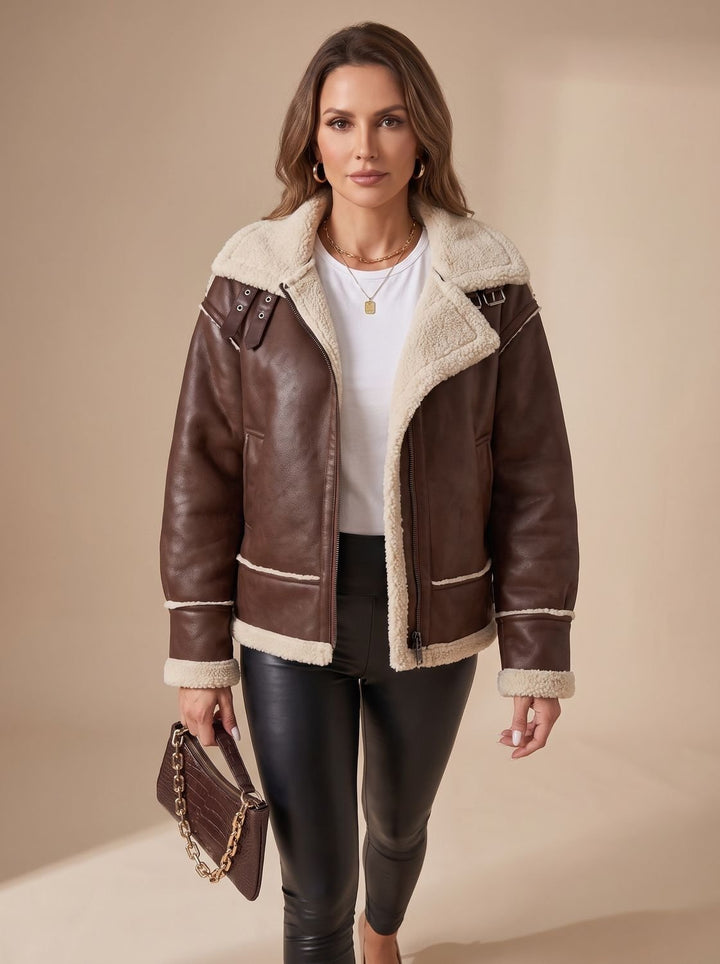 Damen Mantel im Aviator-Stil aus Kunstleder in Schwarz 6