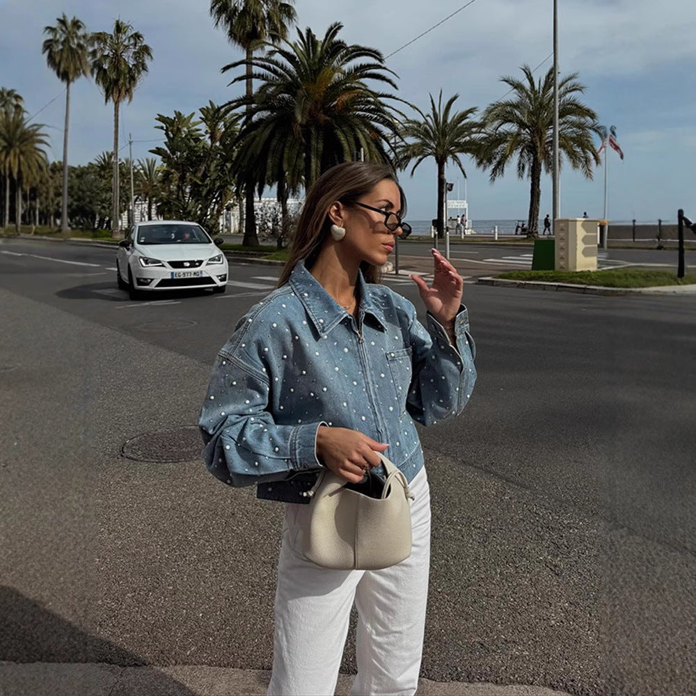 Damen Mantel Jeansjacke Kurz mit Perlenbesatz