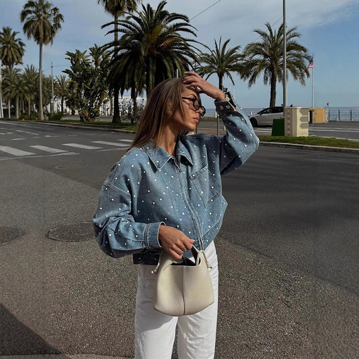Damen Mantel Jeansjacke Kurz mit Perlenbesatz (4)