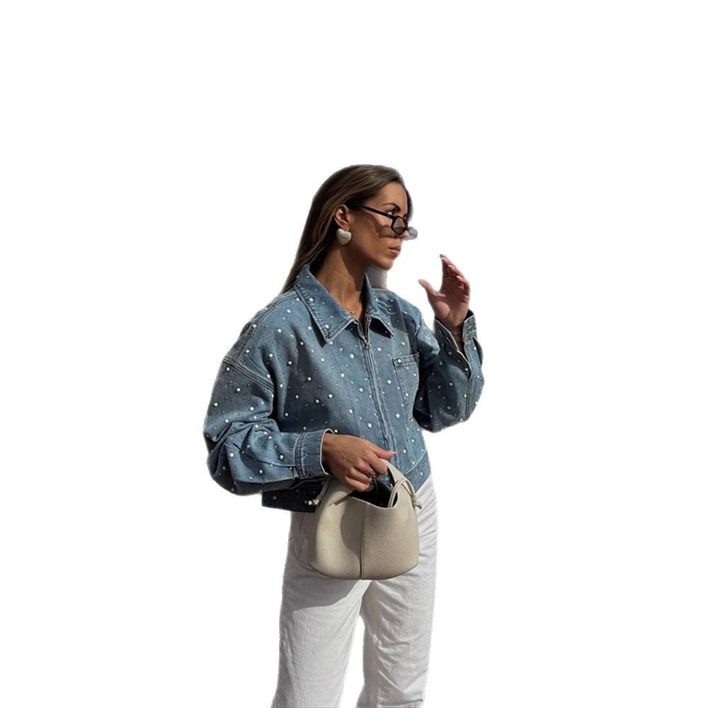 Damen Mantel Jeansjacke Kurz mit Perlenbesatz (5)