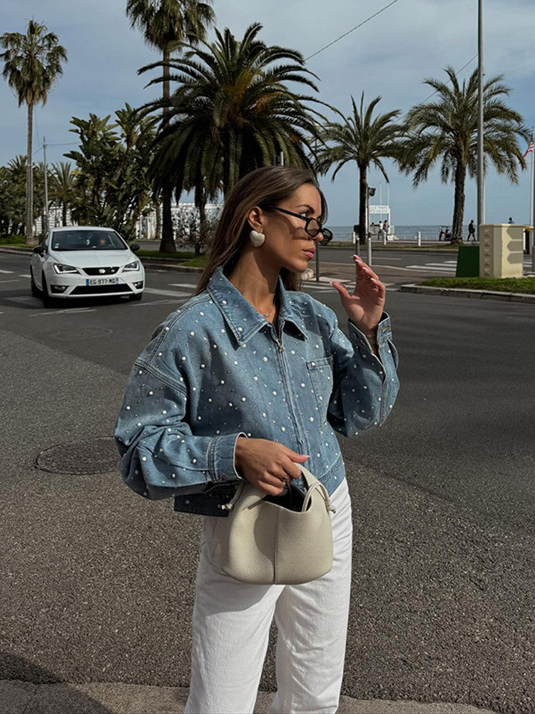 Damen Mantel Jeansjacke Kurz mit Perlenbesatz in Hellblau