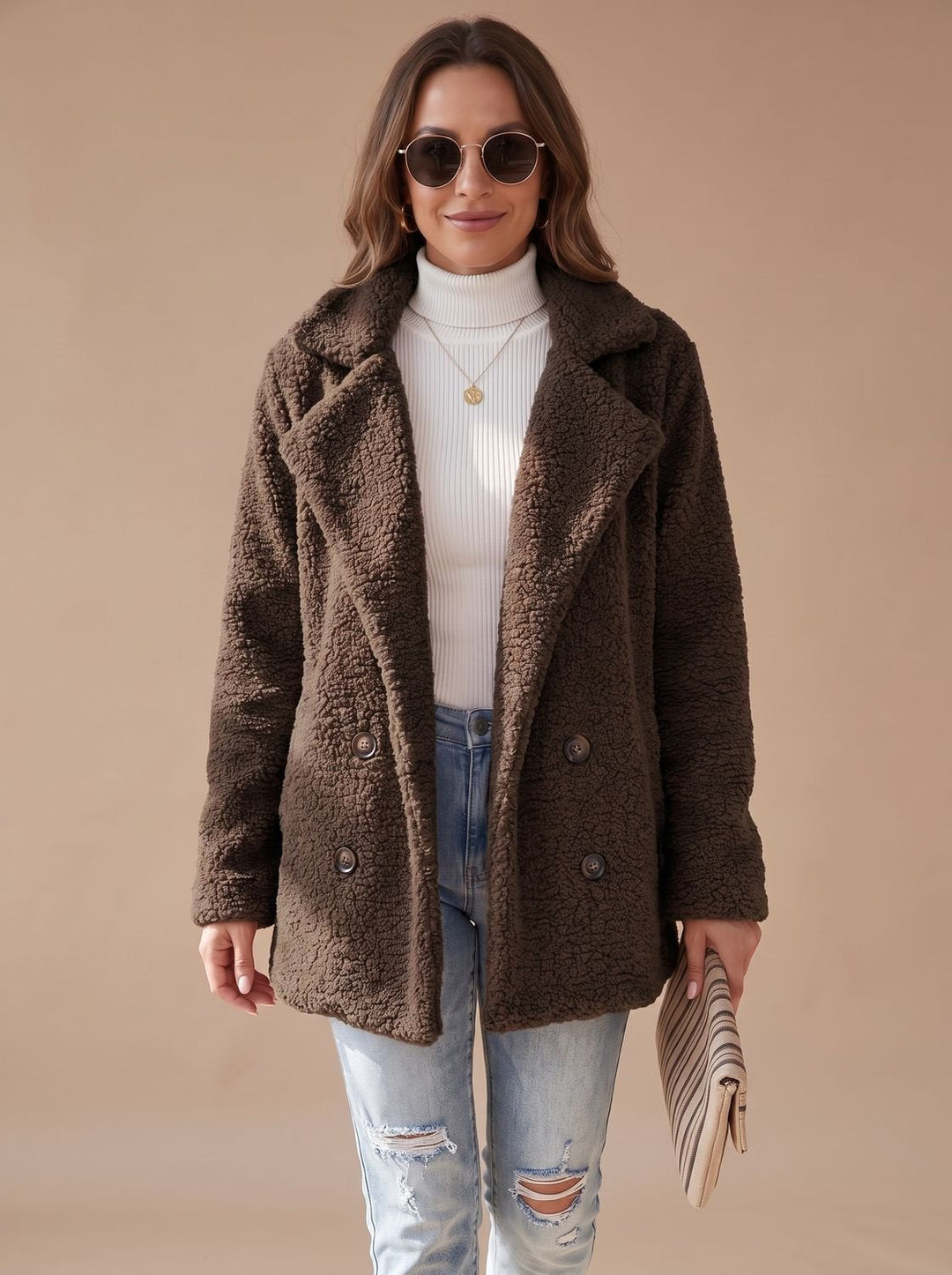 Damen Mantel mit Teddy-Kunstfell im Oversized-Schnitt in Coffee