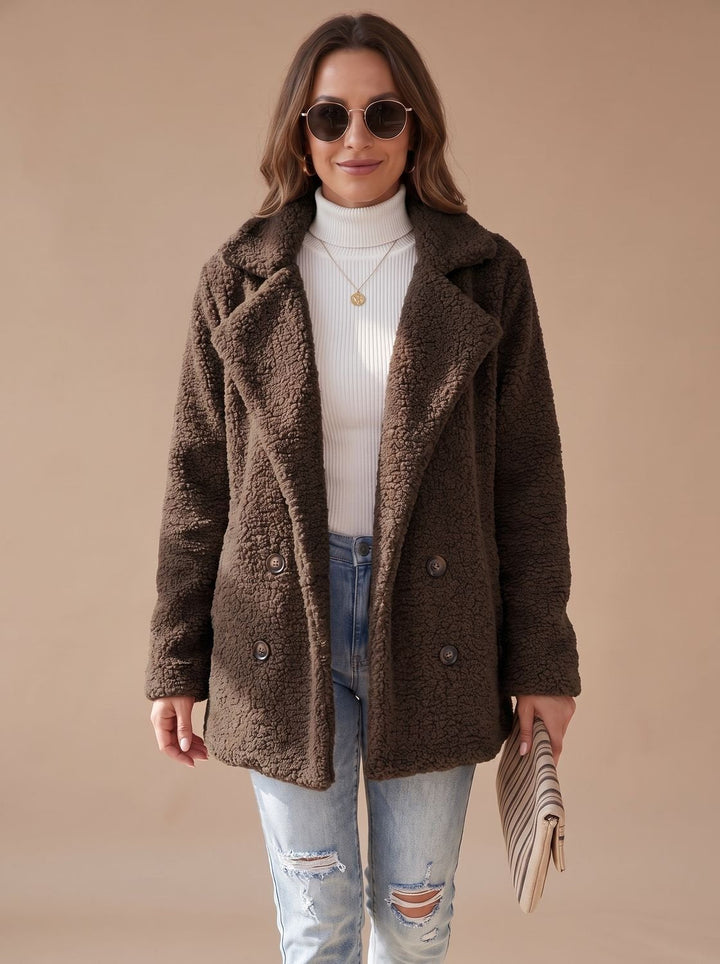 Damen Mantel mit Teddy-Kunstfell im Oversized-Schnitt in Coffee