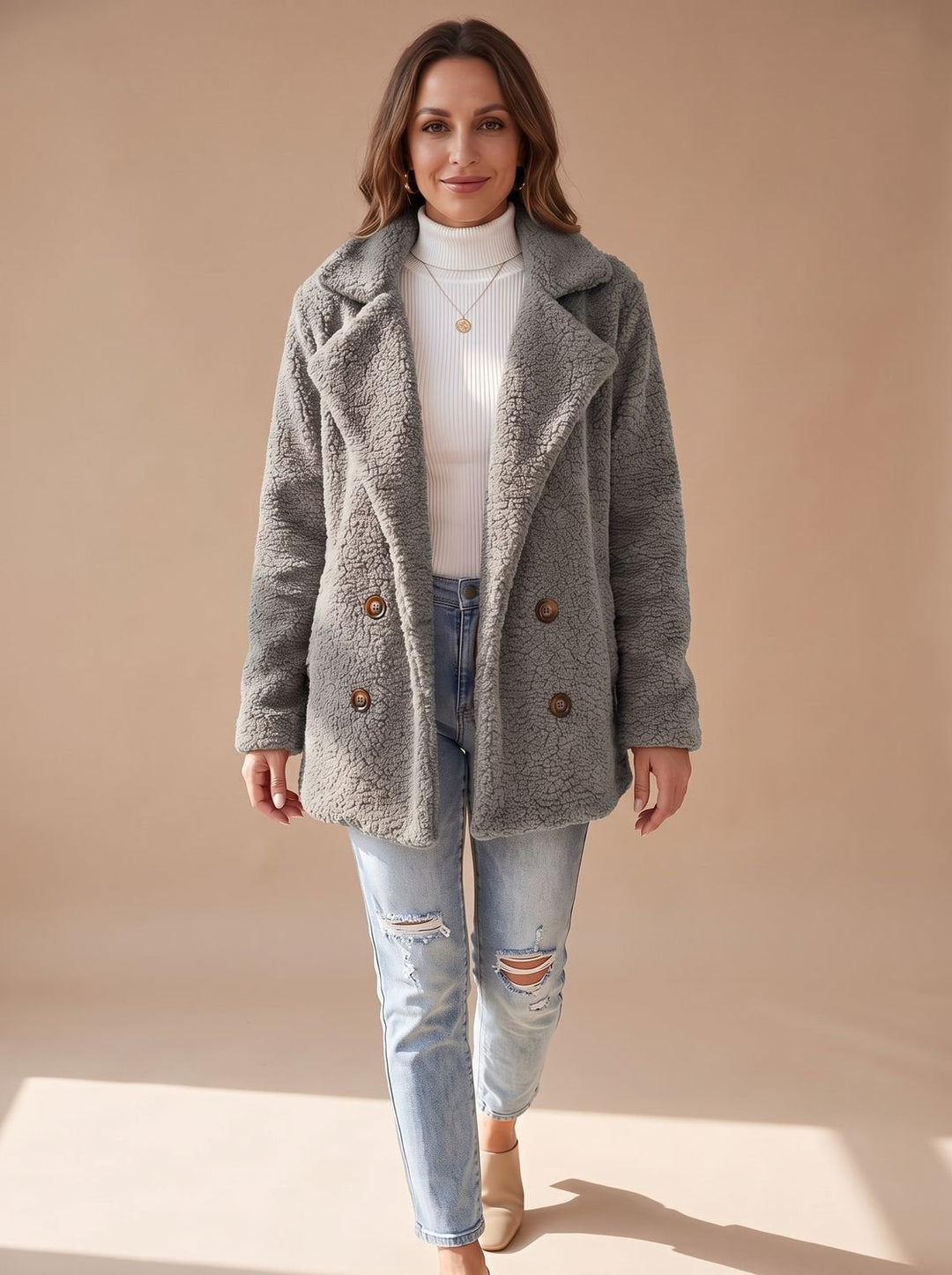 Damen Mantel mit Teddy-Kunstfell im Oversized-Schnitt in Hellgrau