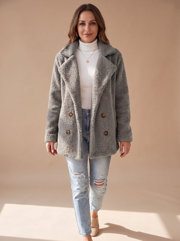 Damen Mantel mit Teddy-Kunstfell im Oversized-Schnitt in Hellgrau