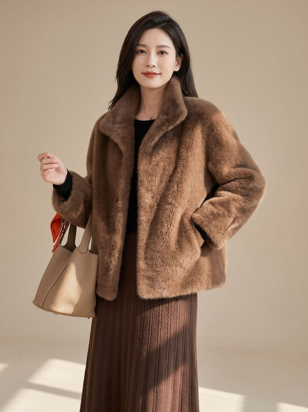 Damen Mantel weiches Imitatiebont Oversized in Braun