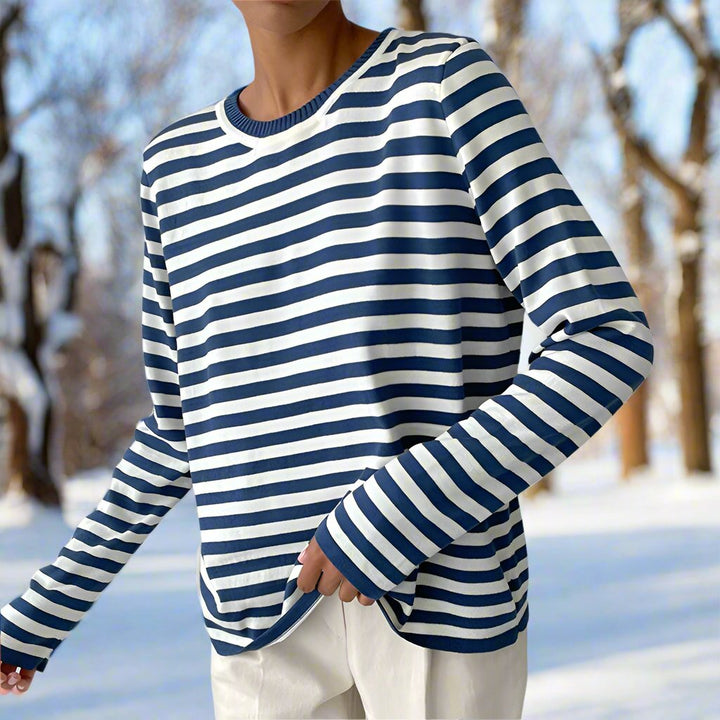 Damen Maritimes Langarmshirt Gestreift in Azurblau