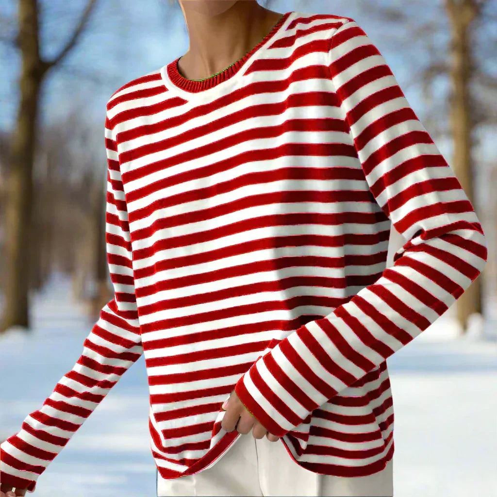 Damen Maritimes Langarmshirt Gestreift in Kardinalrot