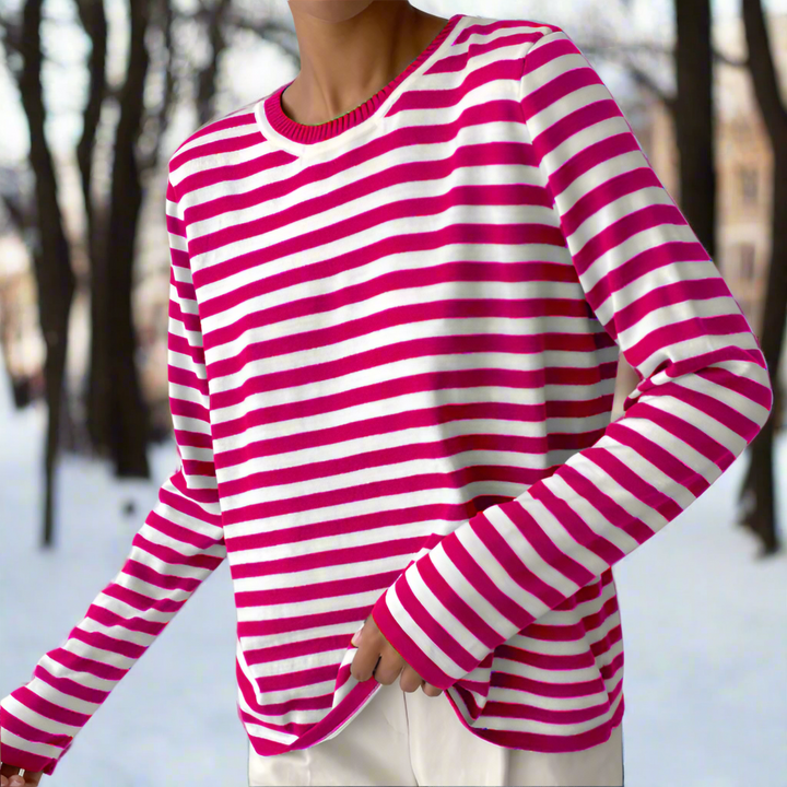 Damen Maritimes Langarmshirt Gestreift in Korallenrosa