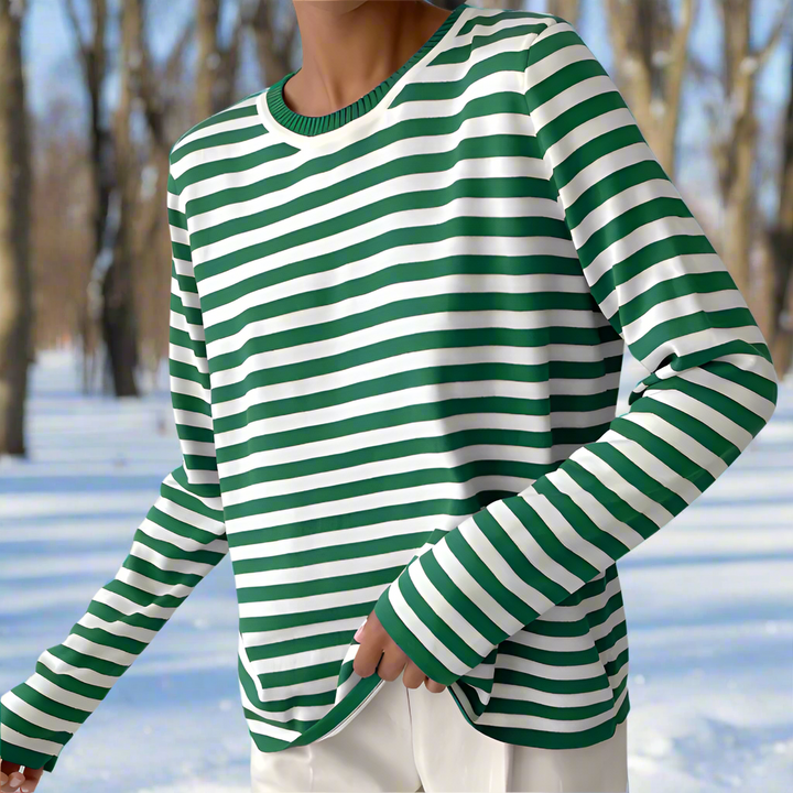 Damen Maritimes Langarmshirt Gestreift in Saphirgrün