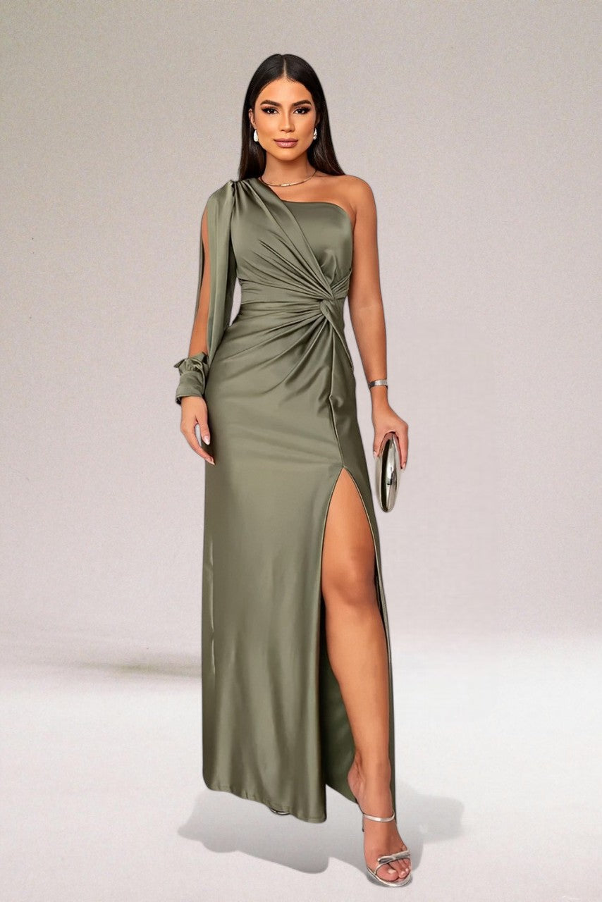 Damen Maxi-Abendkleid mit Seitenschlitz in Olivgrün