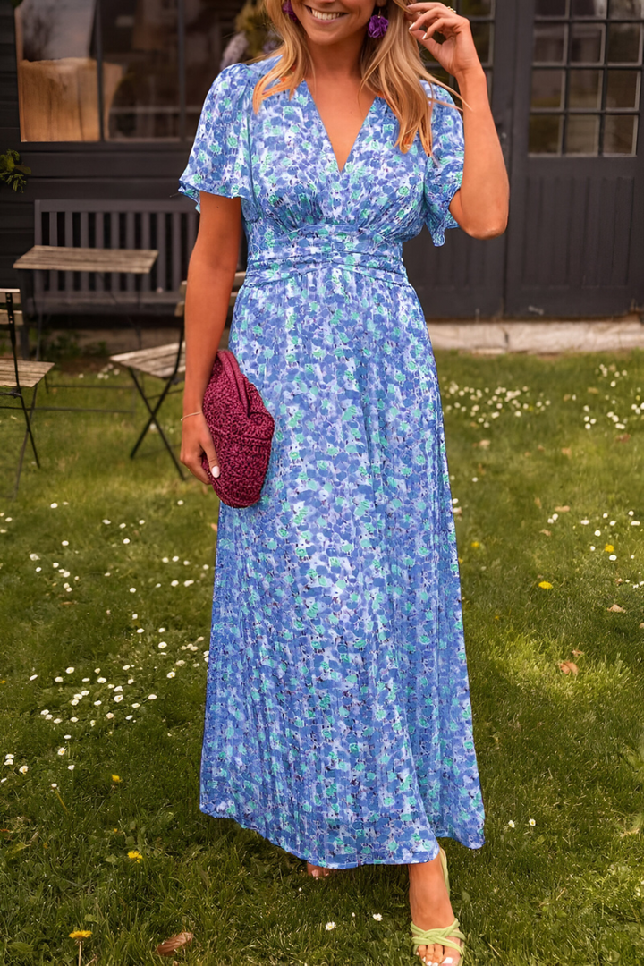 Damen Maxi Sommerkleid mit Blumenmuster für den Urlaub in Blau