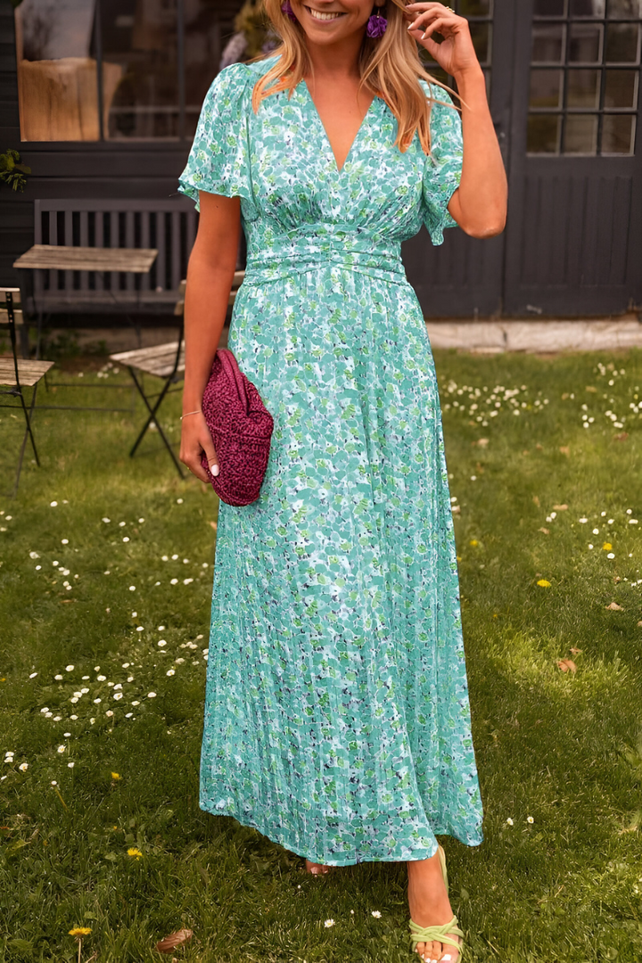 Damen Maxi Sommerkleid mit Blumenmuster für den Urlaub in Grün