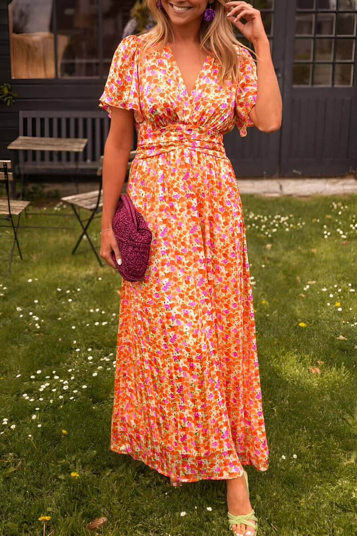 Damen Maxi Sommerkleid mit Blumenmuster für den Urlaub in Orange 1