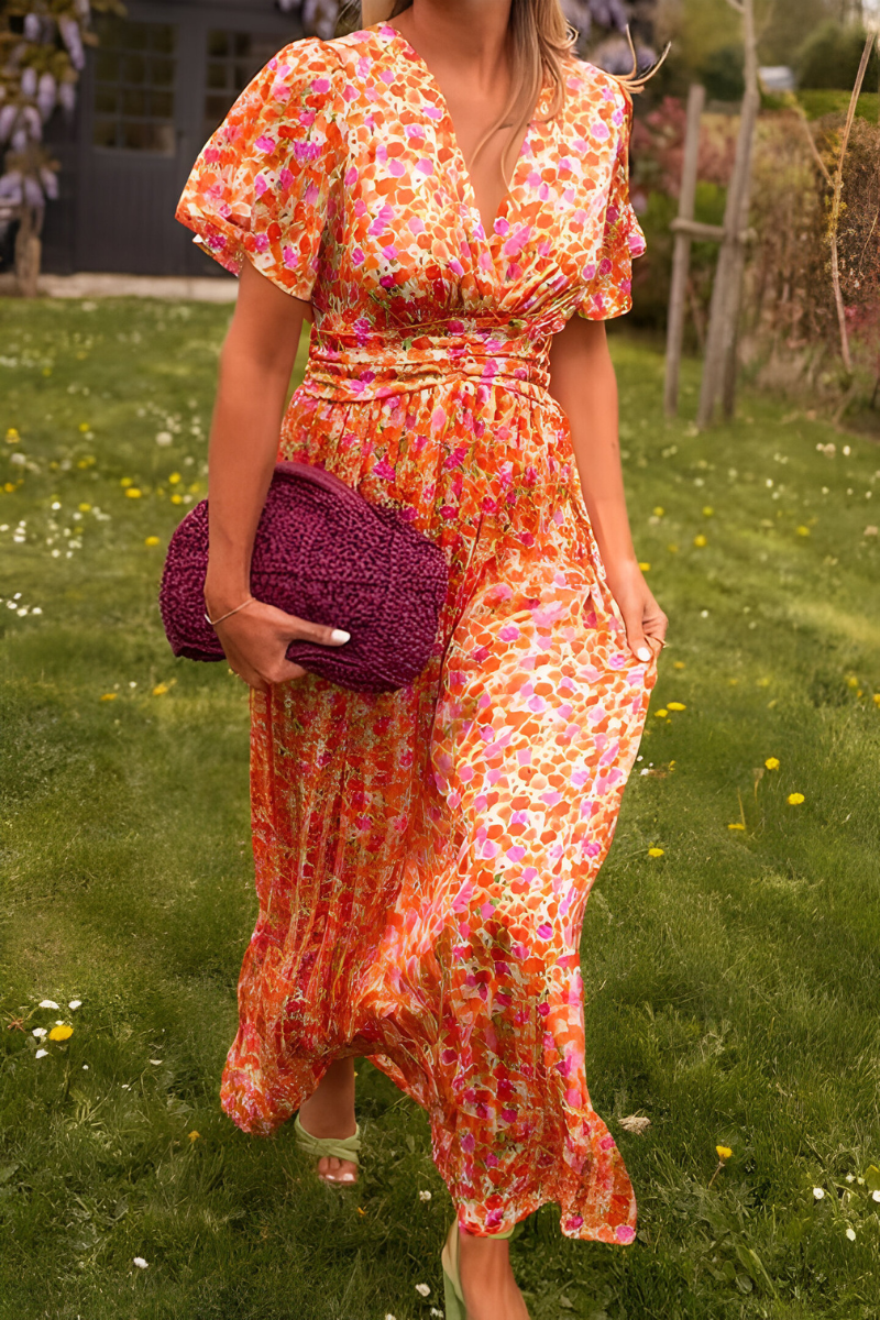 Damen Maxi Sommerkleid mit Blumenmuster für den Urlaub in Orange 2