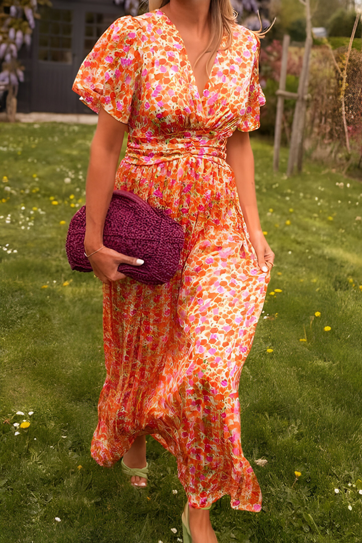 Damen Maxi Sommerkleid mit Blumenmuster für den Urlaub in Orange 2