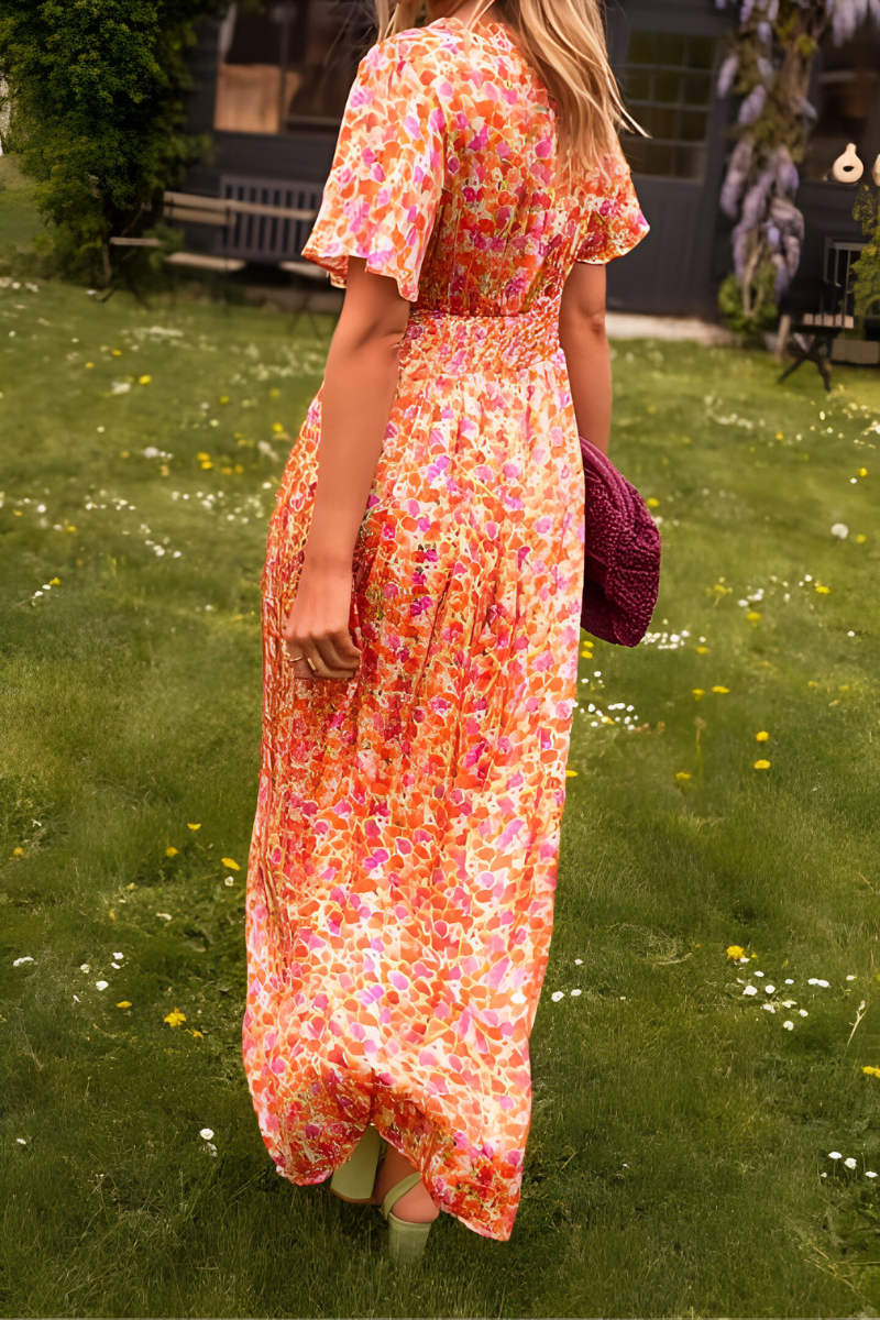 Damen Maxi Sommerkleid mit Blumenmuster für den Urlaub in Orange 3