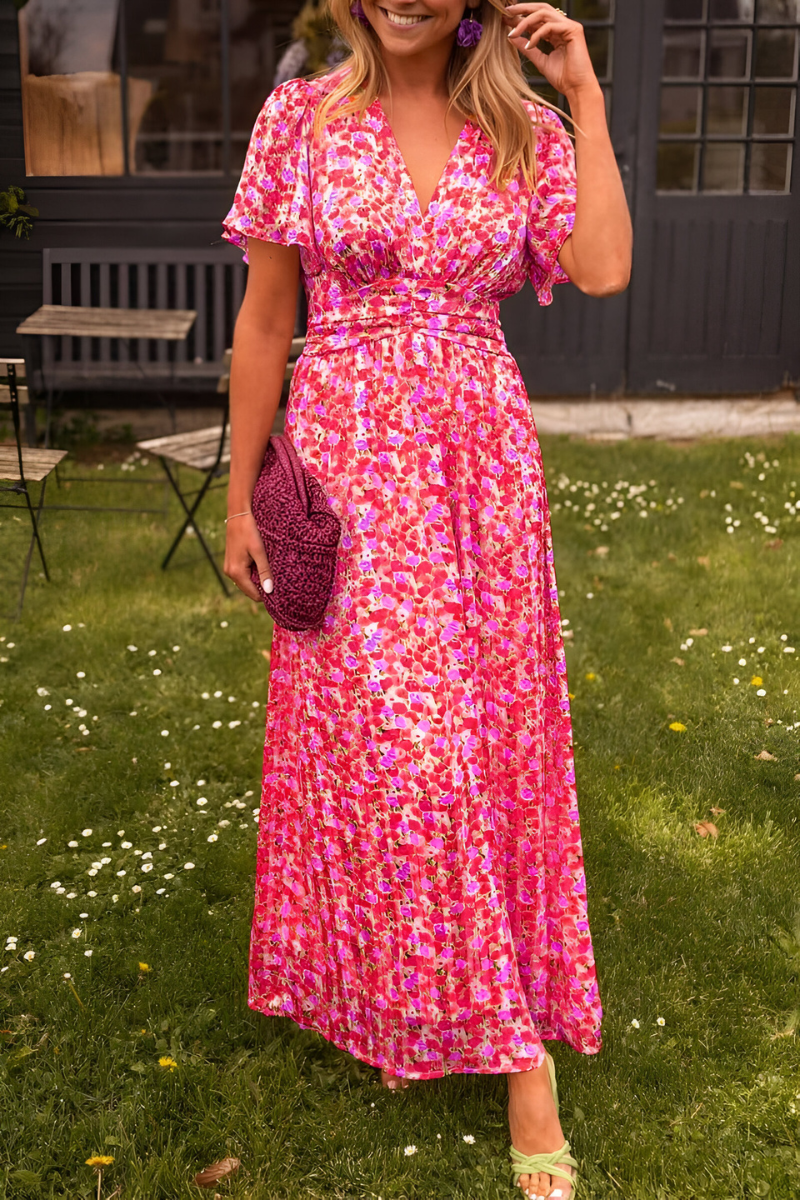 Damen Maxi Sommerkleid mit Blumenmuster für den Urlaub in Rosa