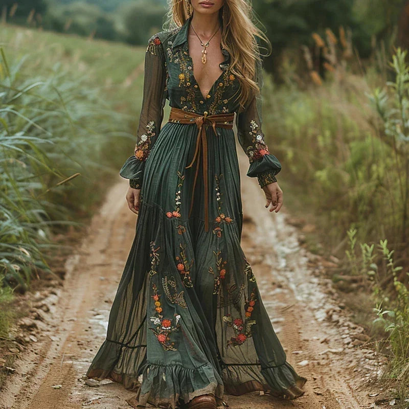 Damen Maxikleid für Hochzeitsgäste mit Boho-Eleganz in Grün