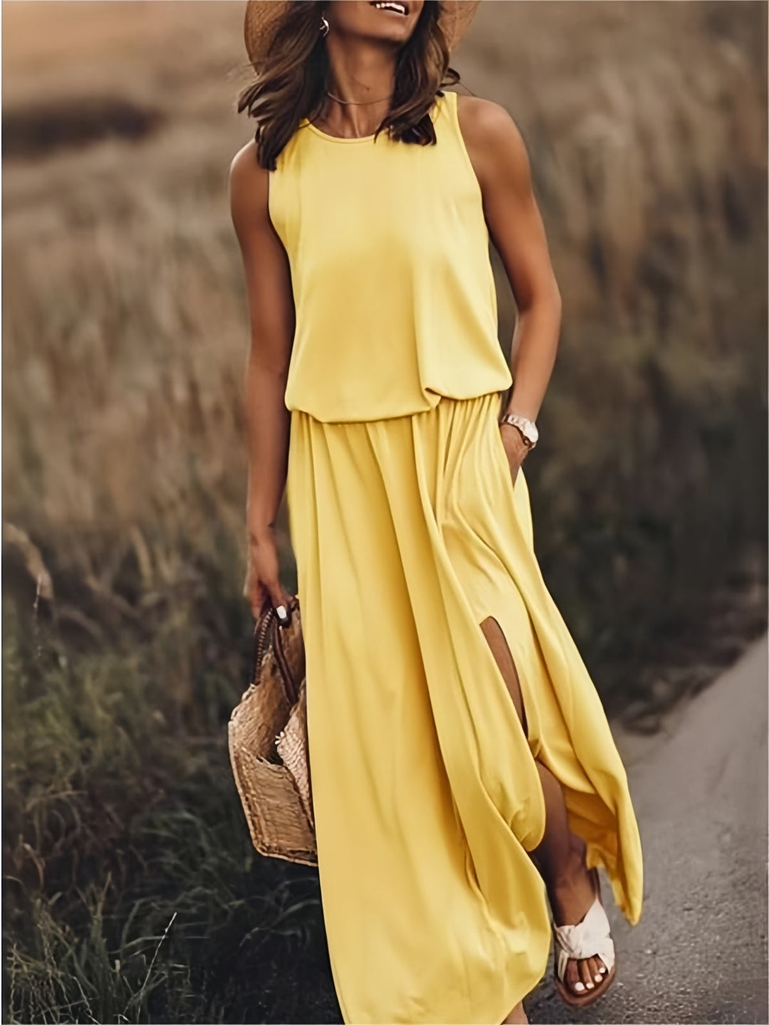 Damen Maxikleid im Boho-Stil für den Herbst in Gelb