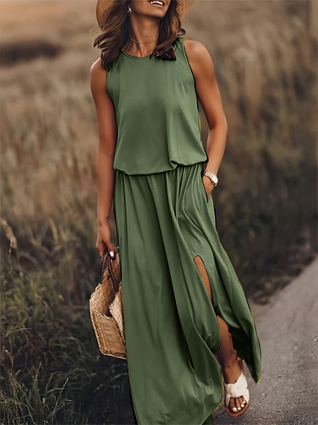 Damen Maxikleid im Boho-Stil für den Herbst in Grün