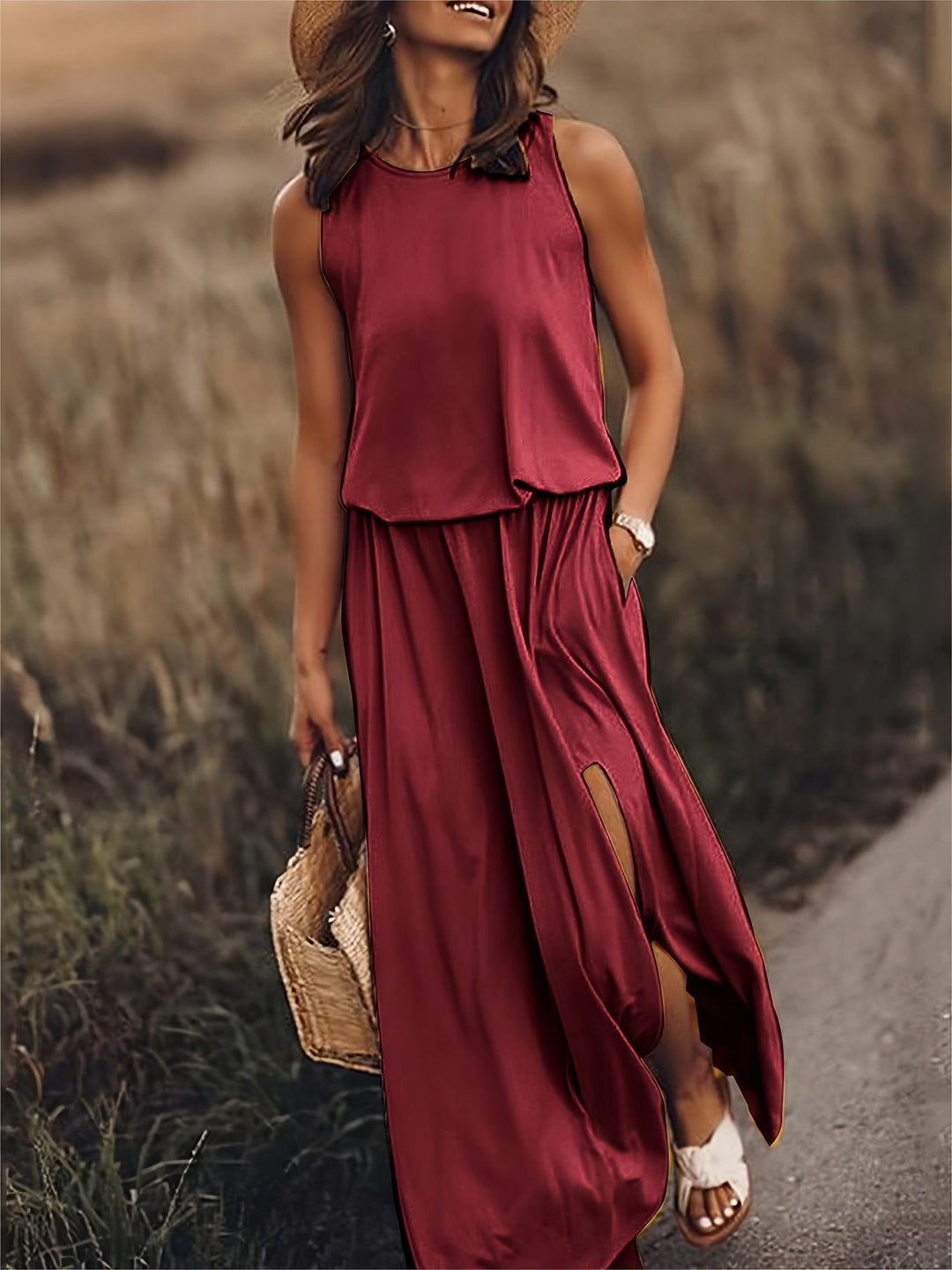 Damen Maxikleid im Boho-Stil für den Herbst in Rot