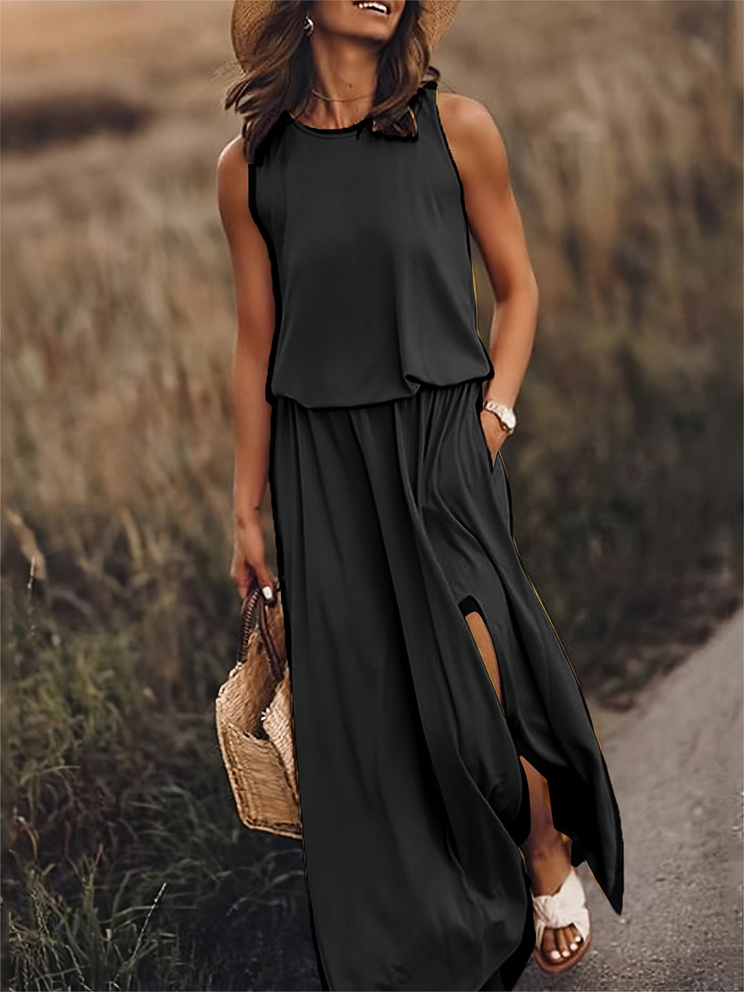 Damen Maxikleid im Boho-Stil für den Herbst in Schwarz