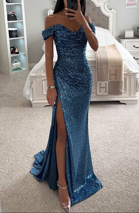 Damen Maxikleid in glanzvollem Stil mit Pailletten und Herzausschnitt für Hochzeitsgäste in Turkusowy