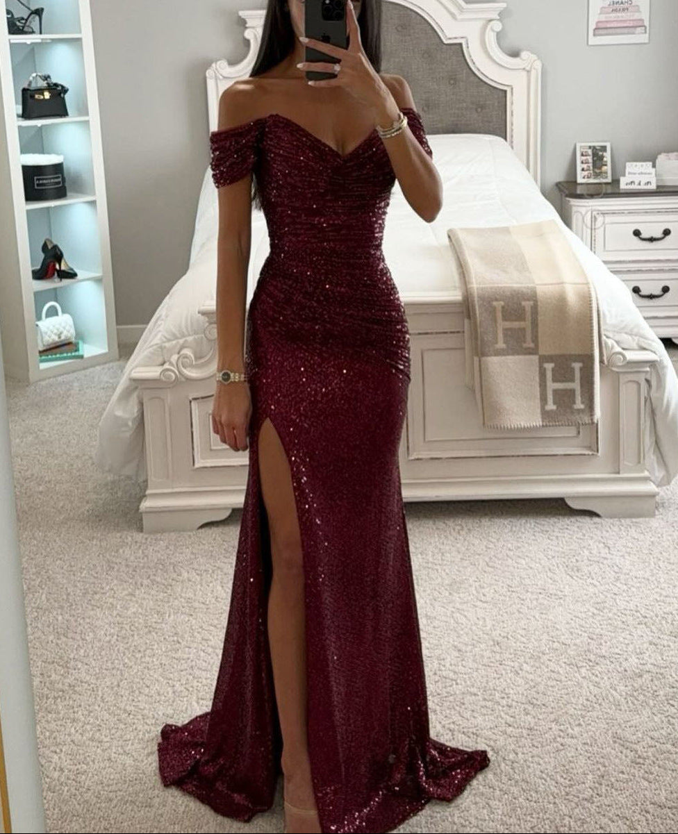 Damen Maxikleid in glanzvollem Stil mit Pailletten und Herzausschnitt für Hochzeitsgäste in Weinrot