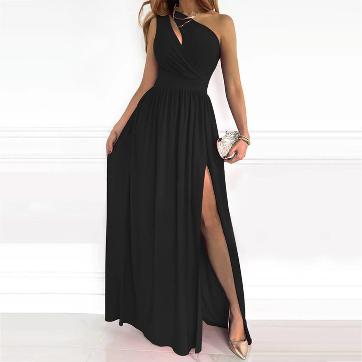 Damen Maxikleid mit asymmetrischem Ausschnitt für Hochzeitsgäste in Schwarz