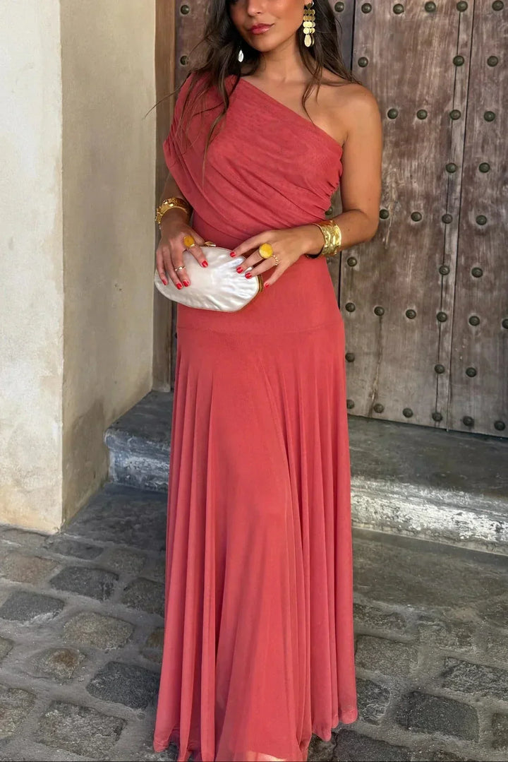 Damen Maxikleid mit asymmetrischer Schulter und eleganter Drapierung für Hochzeitsgäste in Orange