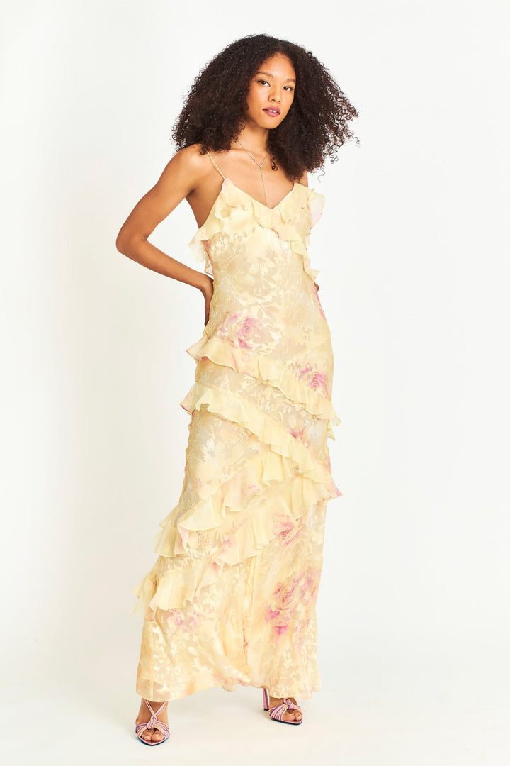 Damen Maxikleid mit Blütendruck für Hochzeitsgäste in Gelb