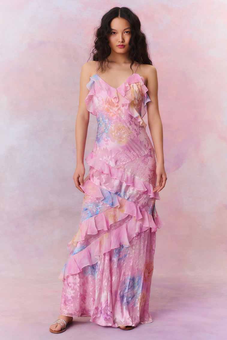 Damen Maxikleid mit Blütendruck für Hochzeitsgäste in Rosa