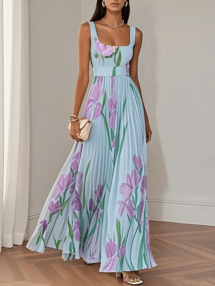 Damen Maxikleid mit Tulpendruck für Hochzeitsgäste im Sommer in Blau