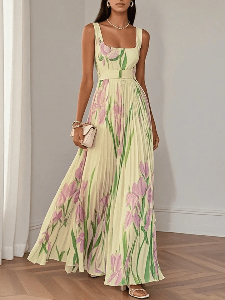 Damen Maxikleid mit Tulpendruck für Hochzeitsgäste im Sommer in Gelb