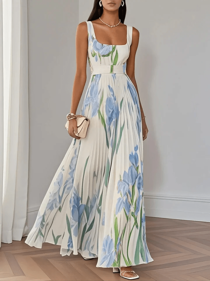 Damen Maxikleid mit Tulpendruck für Hochzeitsgäste im Sommer in Hellblau